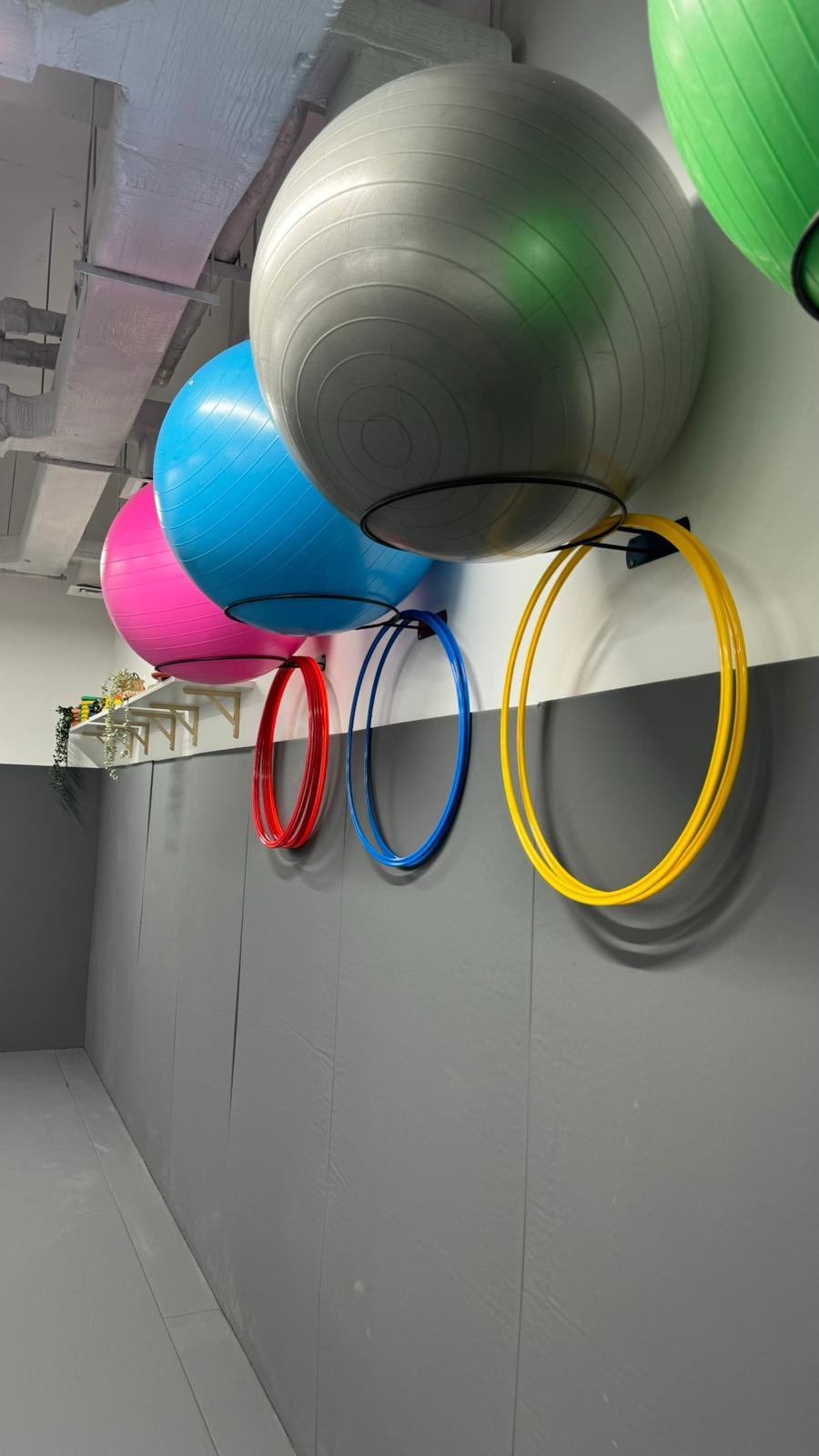 Colourful training equipment at Brazilian Jiu Jitsu School including balance balls, agility rings and movement tools