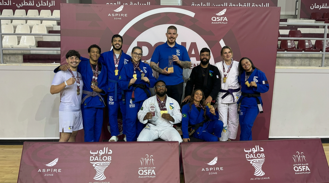 Our coaches and team with their medals at the Dalob National Jiu Jitsu League in Doha